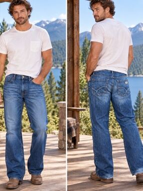 Y2K Union Denim Men’s Bootcut Jeans Distressed Frayed Hem Blue Wash Embroidered